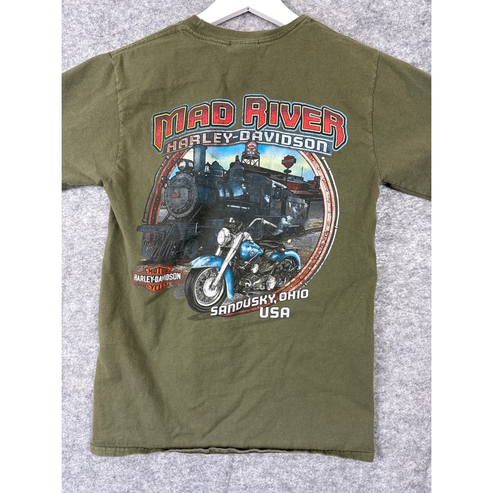 Harley Davidson Mad River Sandusky Ohio Graphic T-Shirt Mens‎ Small Olive Green